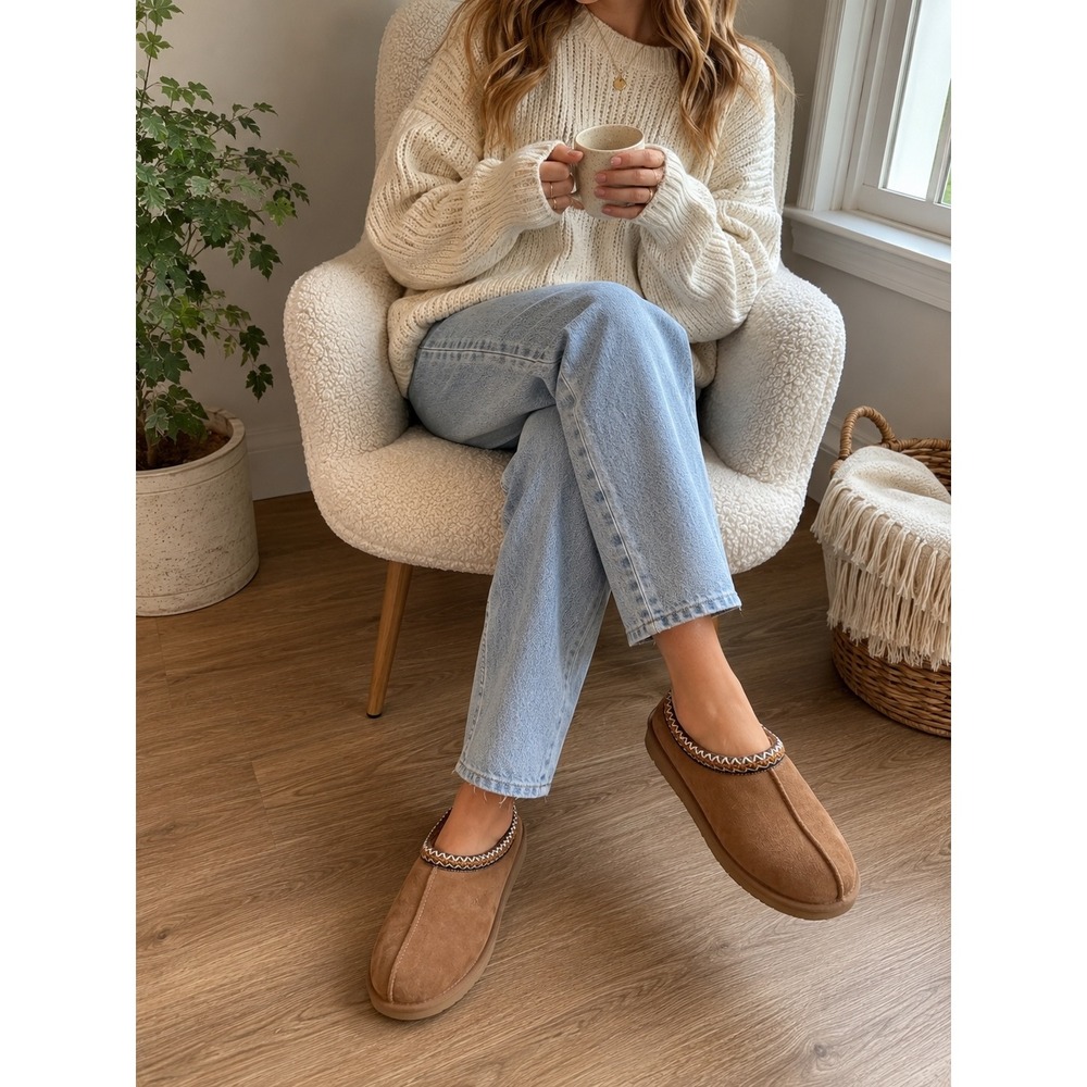 UGG Tasman Suede Slippers Chestnut Brown Embroidered Braid Womens Size 8